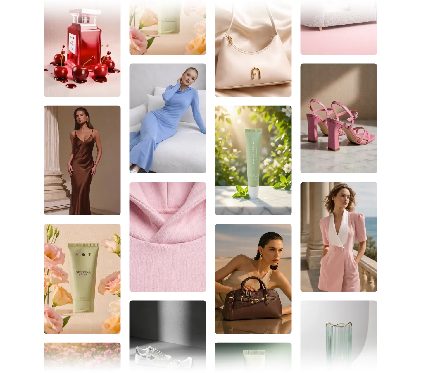 Примеры AI-сгенерированных товарных фото: парфюмерия, одежда, обувь, аксессуары